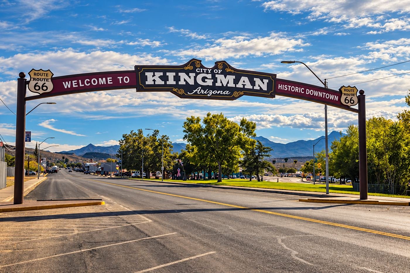 Welcome to Kingman, Arizona arch with Route 66 signs over a sunny street, mountains behind