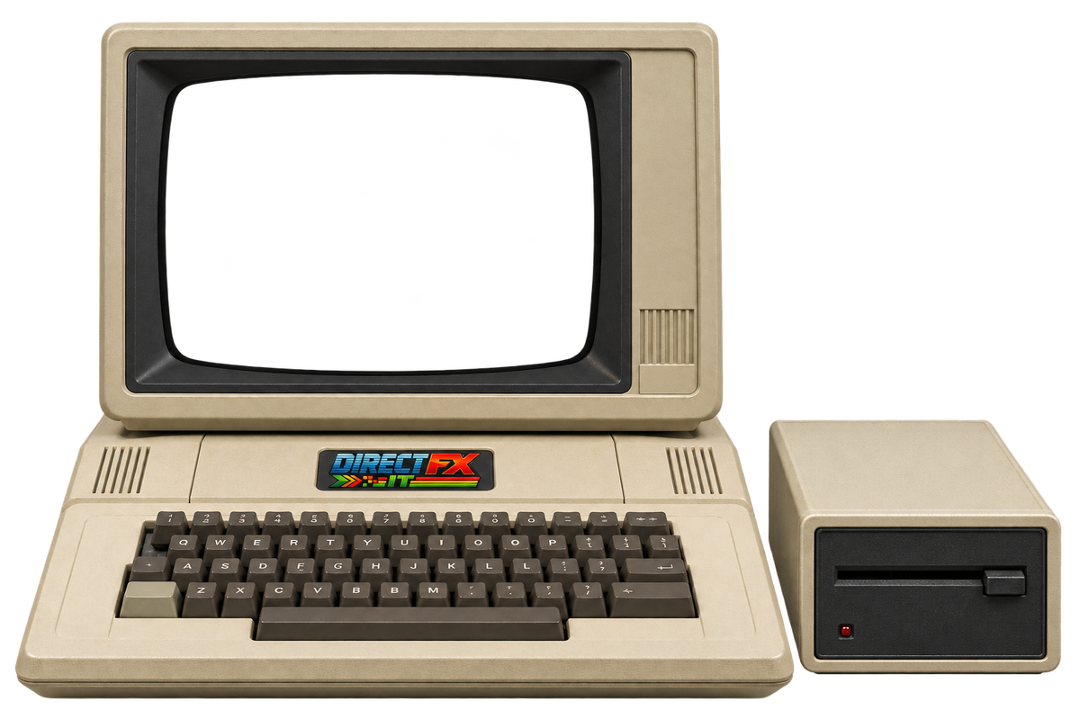 A beige 1980s style home computer with a DirectFXIT badge, a monitor with a blank screen, and an external floppy disk drive